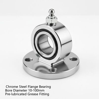 Chrome Steel Flange Bearing Bore Diameter 10mm to 100mm Pre-lubricated and Featuring Grease Fitting for Heavy Machinery